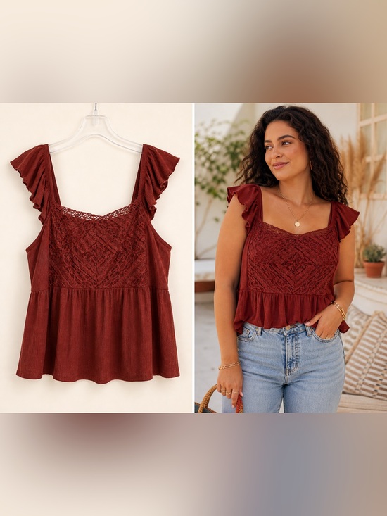 torrid Tops - Torrid Lace Babydoll Top 3X (22-24) Fired Brick Flutter Sleeve Boho Blouse NWT